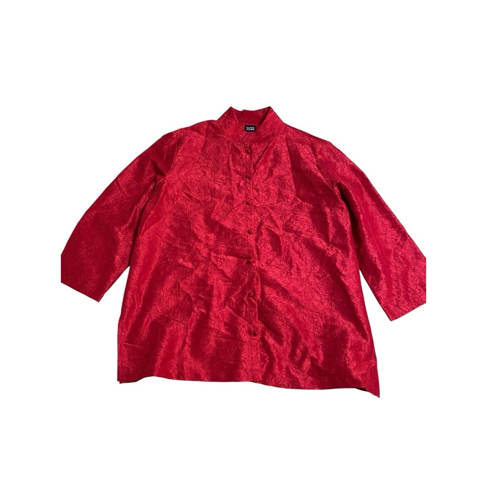 Eileen Fisher Red 100% Silk Crinkled Mandarin Collar Blouse Jacket Size L